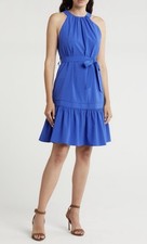 Calvin Klein Woman’s Dress Royal Blue High Neck Ruffled Belt Sleeveless Size 10