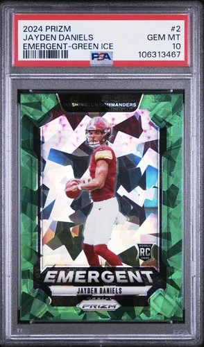 2024 Panini Prizm Jayden Daniels Emergent Green Ice #2 RC Commanders PSA 10 GEM