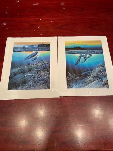 Vintage Dolphin Ocean Art Prints Set of 2 Surreal Seascape Wall Decor 80s 90s