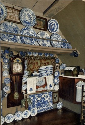 Blue & white dinnerware plates antique clock 1909 Germany vintage postcard