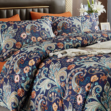 7 Piece Paisley Flower Comforter Set Bed in a Bag Set Queen Size Luxury Dark Blu