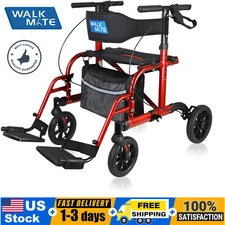WALK MATE Medical 2 IN 1 Rollator Walker and Transport Wheelchair Chair, Red USA