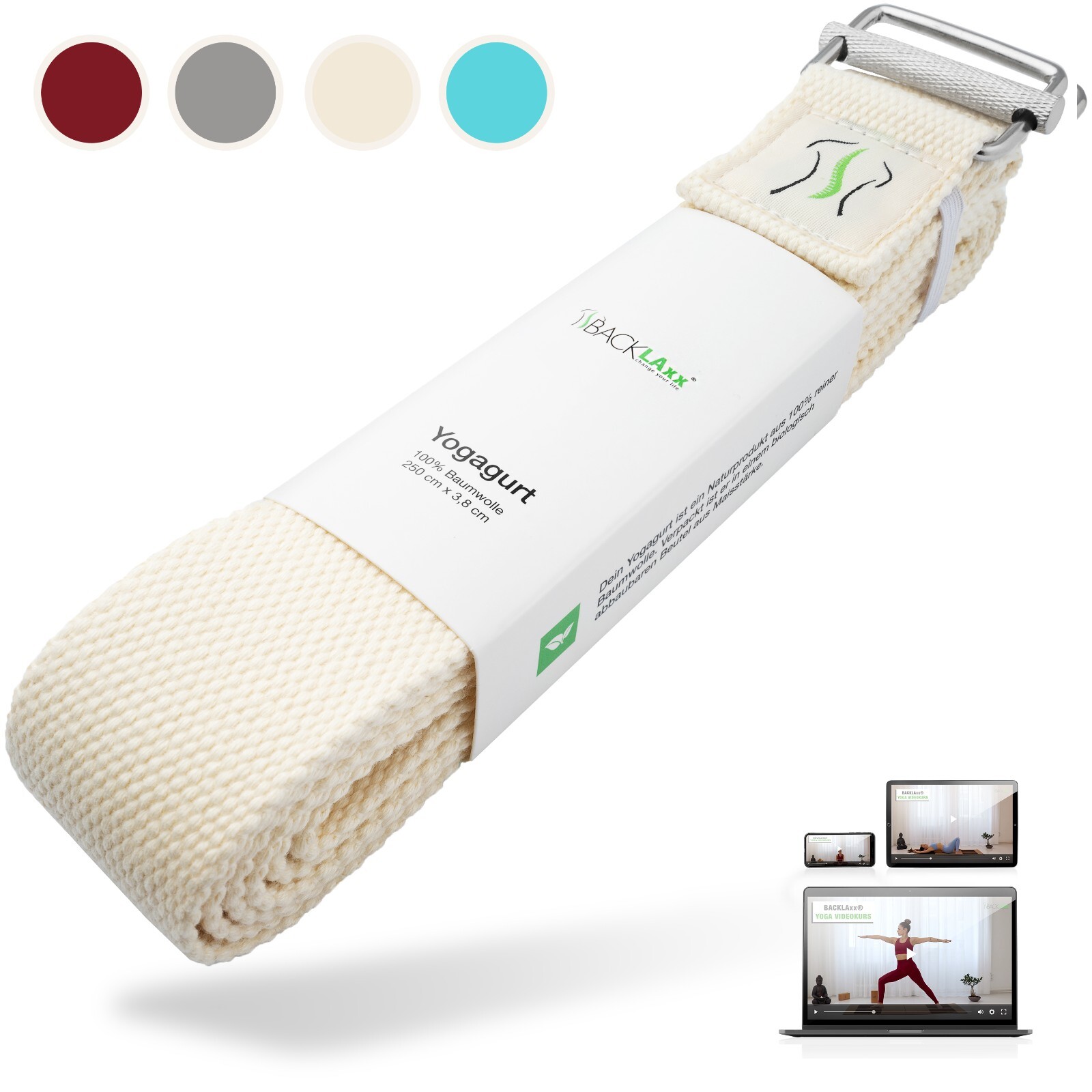 Cinturón de yoga BACKLAxx® gimnasia pilates deporte estiramiento cinta elástica cinturón algodón