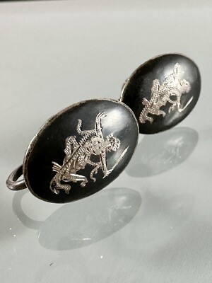 Vintage 925 Sterling Silver Oval Black Enamel Siam Screw Back Earrings