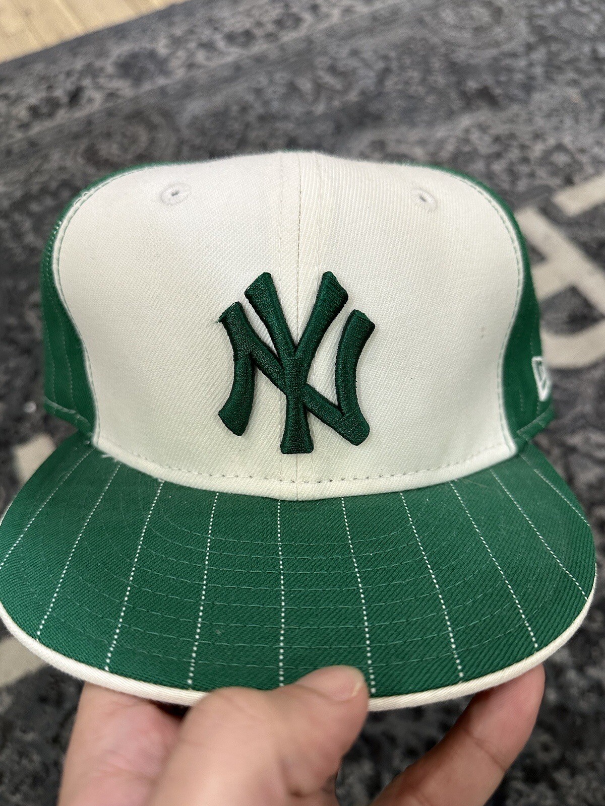 Size 7.5 Green Striped Yankees Fitted Baseball Cap
