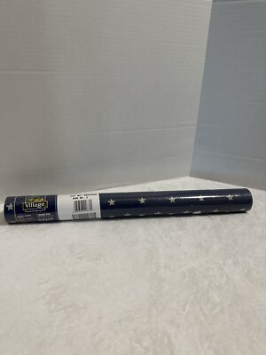 Dbl Roll Vintage Wallpaper Village FSC Blue W/ Stars Vinyl Prepasted Scrubbable