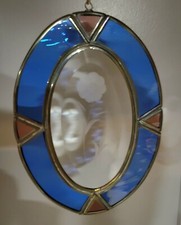 Etched Flower Oval-Shaped Beveled Glass Window Suncatcher Blue and Purple
