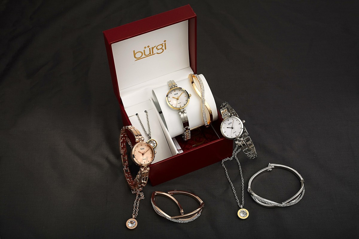 Women’s Burgi Piece Jewelry Gift Set Diamond Swarovski Pendant Necklace  Watch