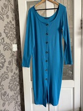 Women’s Long Sleeve Rib Dress - Aqua - Horn Button - Uk 18
