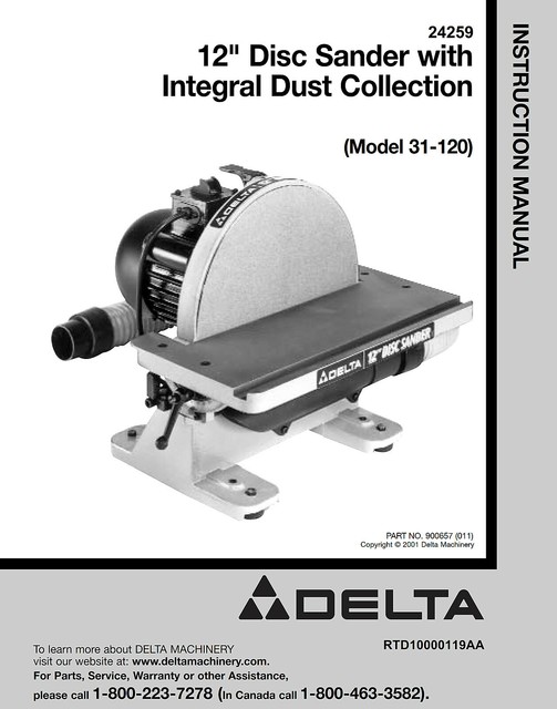 Delta 31120 12" Disc Sander Instructions Manual eBay