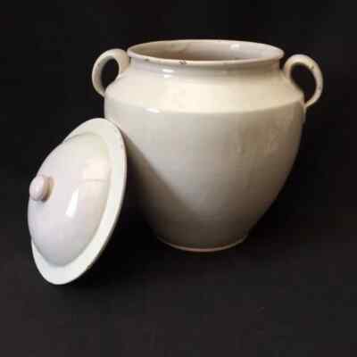 11''H Old Vtg French MARTRES White Ceramic CONFiT POT Original Lid COUNTRY FARM