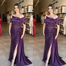 Purple Evening Dresses Party Formal Off Shoulder Sequined Split Long Prom Gowns