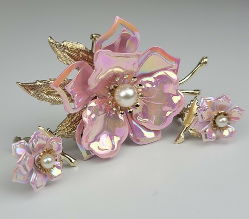 Vintage Coro Enamel Flower Brooch Pin And Matching Clip On Earings w/ Pearlf - Picture 5 of 24