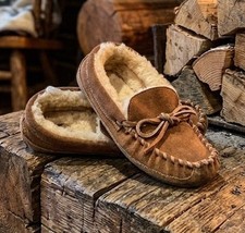 LL Bean Slippers Moccasins US Women's 5 Shearling Sheepskin Fur Lined Leather