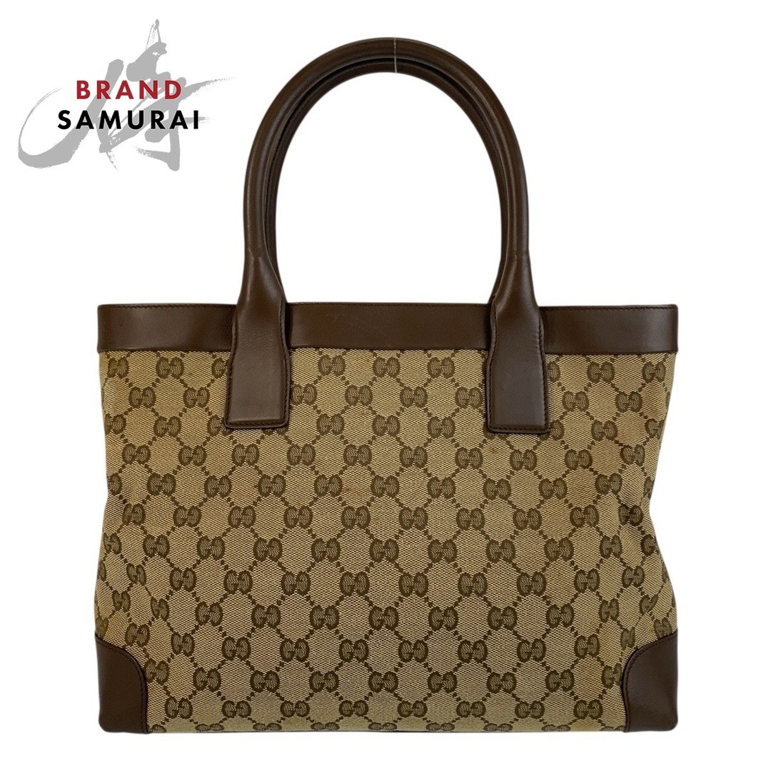 Gucci GG Canvas Leather Tote Bag Brown Beige Gold Hardware Used