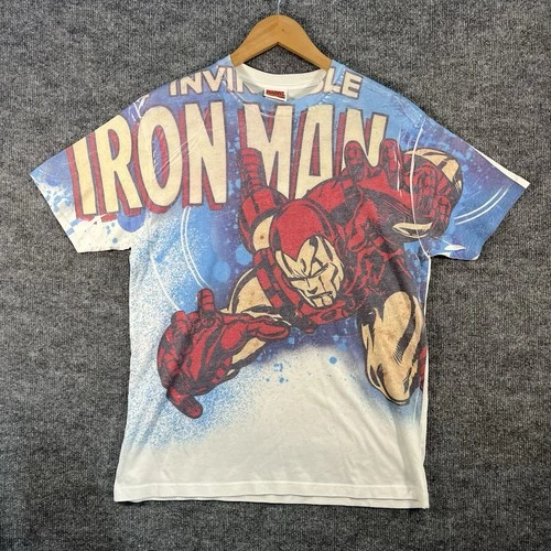 VTG Marvel T-Shirt Mens Large Iron Man Avengers AOP Graphic 90s Y2K White RARE