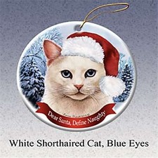 Holiday Gift White Shorthair Cat, Blue Eyes Santa Hat Christmas Ornament