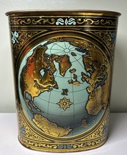 VTG MCM J.L. Clark Lithograph Metal Gold Trash Can Embossed Earth Terra Firma