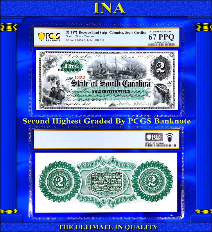 1872 South Carolina $2 US Obsolete Currency Note PCGS 67 PPQ 2nd Finest