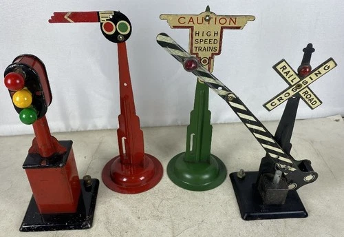 4 Vintage Prewar Marx Rail Road Crossing Tin Signs