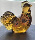 Fenton Glass Chicken Hen Hand Painted Sunflowers Lenox Amber Signed Blackhart