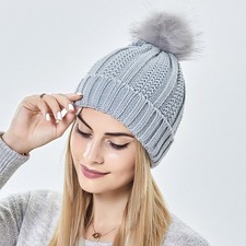 Winter Knitted Beanie Hat Women Warm Stretchy Faux Fur Pom Pom Skull Cap Fashion
