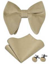 Mens Solid Plaid Velvet Pre-tied Adjustable Bow Tie and Pocket Square Khaki