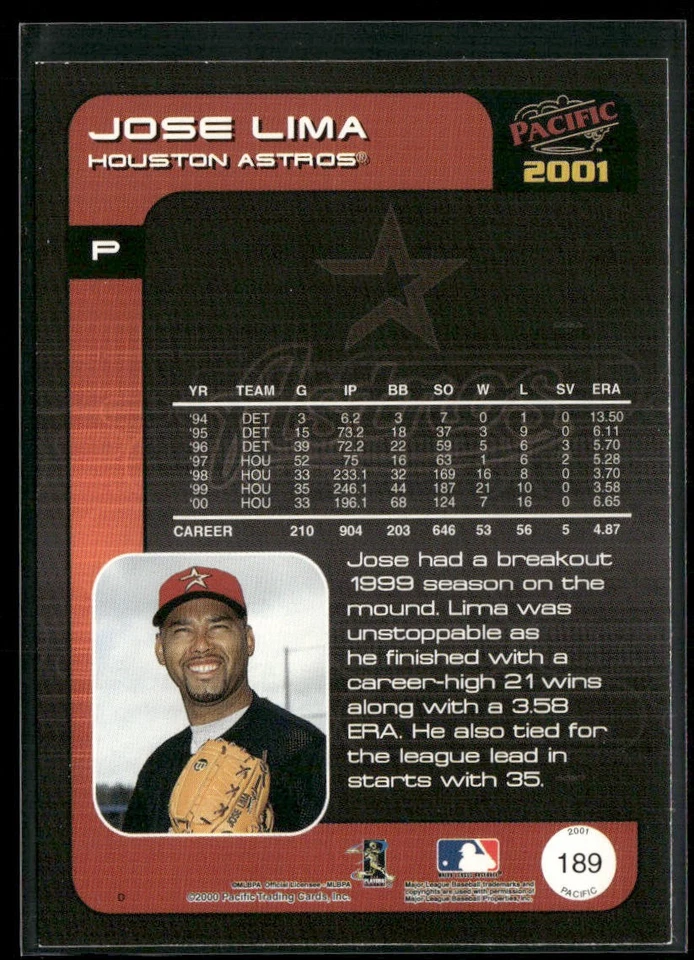 Jose Lima 2001 Pacific #189 Houston Astros - Image 2 of 2