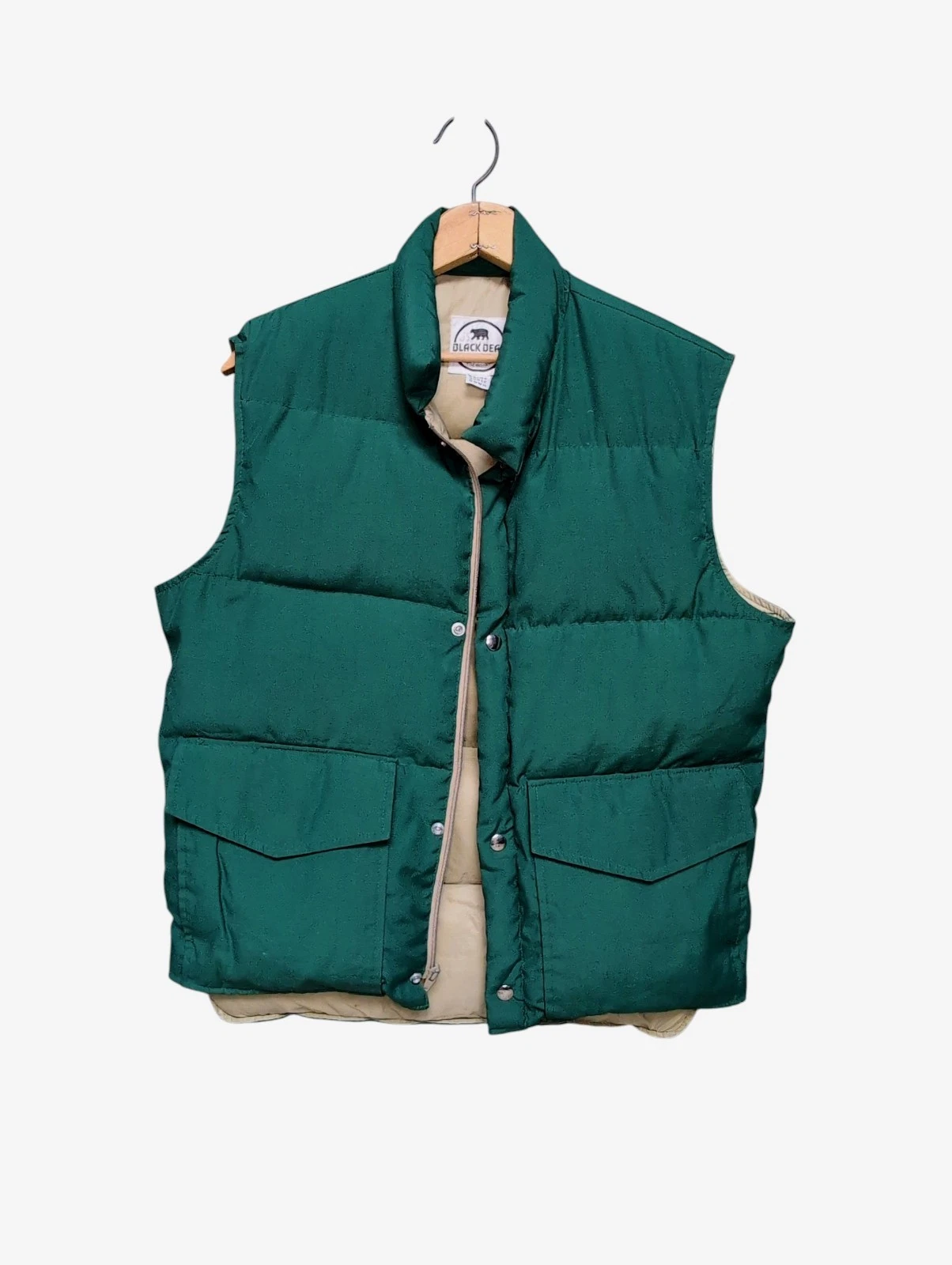 VINTAGE Black Bear Green Green Tan Down Puffer Snap Zip Up Vest Men's MEDIUM