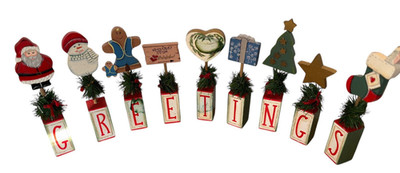HM Wooden Blocks Christmas ''GREETINGS'' Home Mantel Table Decor Centerpiece HP