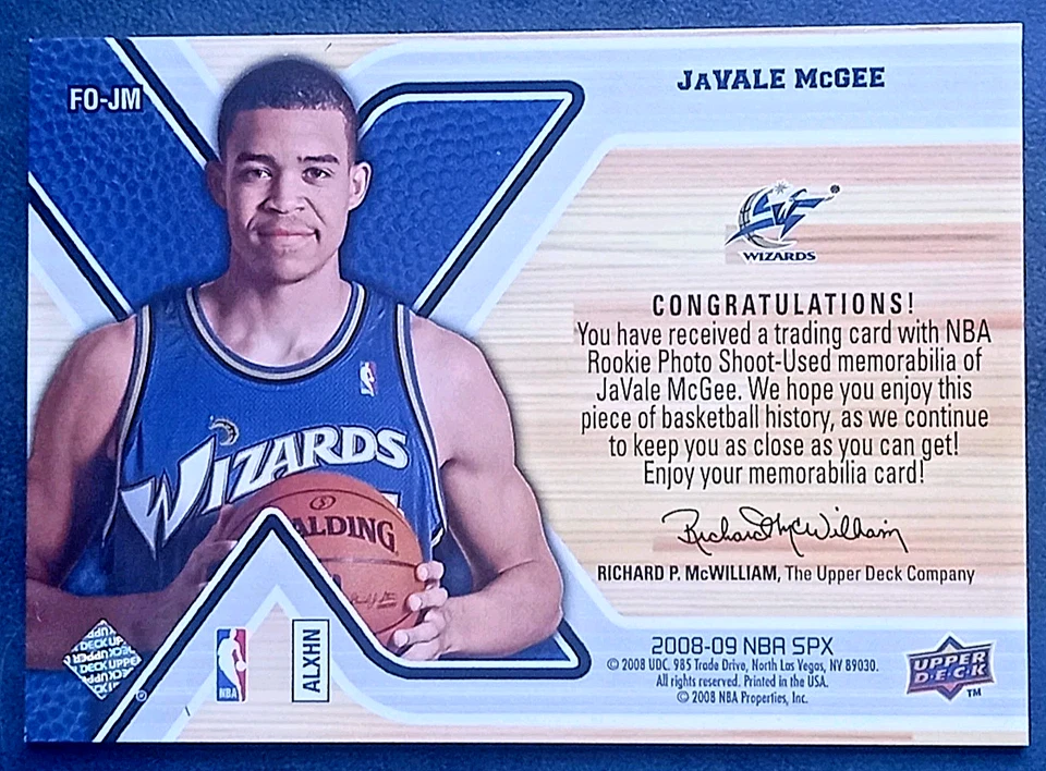 Camiseta JaVale McGEE 2008-09 UD SPX NBA ORIENTACIÓN PRIMER AÑO #FO-JM RC ROOKIE Foto 2 de 2