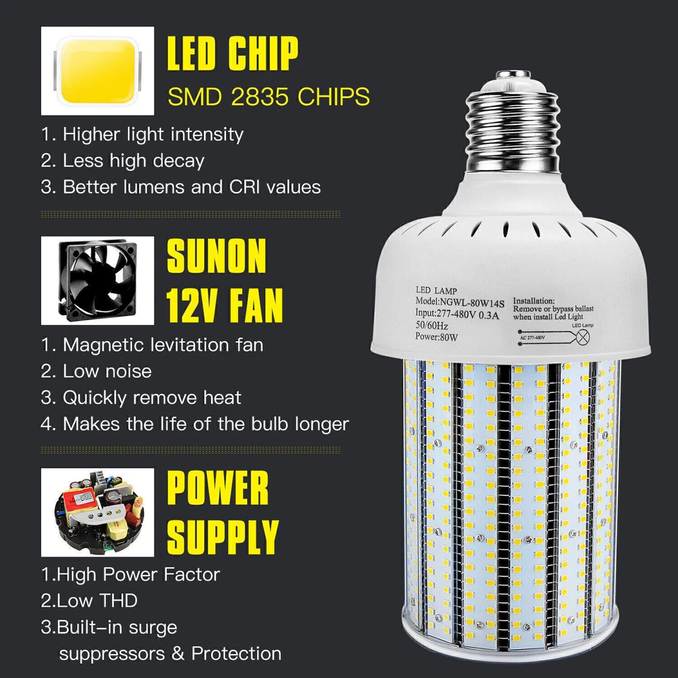 80W LED Corn Bulb 5000K Cold White For Warehouse Garage Light AC480V (400W Eq) - Image 4 of 4
