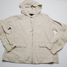 Lily Stanhope Womens Hooded Jacket Beige Zip Up Pearl Snap Pockets 100 % Linen S