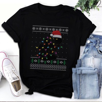 Black Cat Christmas Ugly Funny Santa Cat T-Shirt