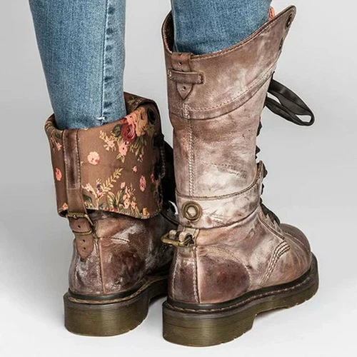 Women Retro Mid Calf Boots Lace Up Biker Punk Military Combat Ankle Bootie Shoes - Bild 4 von 13