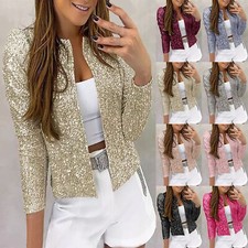 Women Open Front Sequin Jacket Puff Long Sleeve Short Blazer Solid Casual Coat
