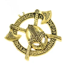 large VIKING NORDIC SHIELD AXE KNIGHT pendant 24" 18K GOLD plated chain men