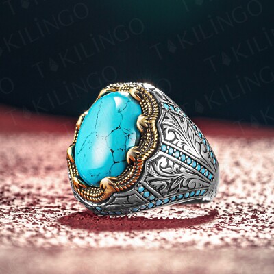 Turquoise Rings for Men 925 Sterling Silver Natural Turquoise Ring
