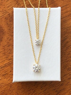 925 Sterling Silver CZ Solitaire Layered Necklace Two Layer 4.8mm/6.8mm 18'' Gold