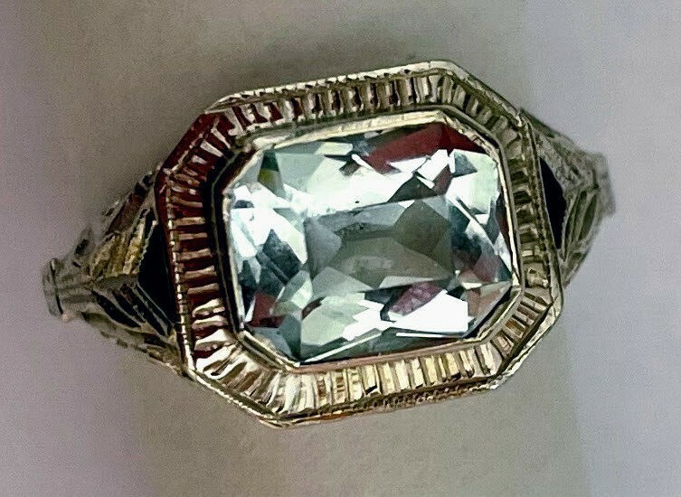 Antique Filigree White Gold Aquamarine Ring 14K Signed