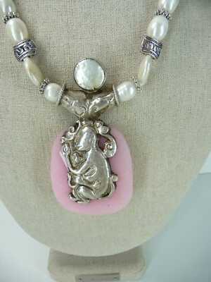 925 Sterling Silver Rose Quartz Pearl Monkey Fish Reversible Pendant Necklace
