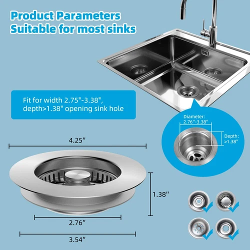 Stainless Steel 3 in 1 Kitchen Sink Drain Strainer trainer Stopper Drain Basket - Picture 8 of 10