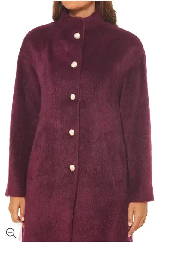 NUEVO CON ETIQUETAS KATE SPADE Abrigo Piel Sintética Peluche Botón Perla Talla Pequeña Vino Borgoña Nuevo con Etiquetas Foto 2 de 4