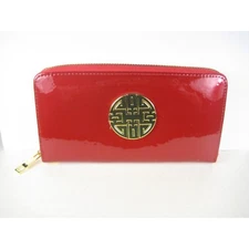 Zip Around Red Wallet Handle Strap Gold Asian Emblem