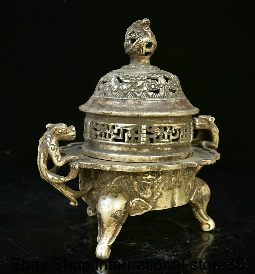 8.2" Marcado Antigua China Plata Talla Dinastía Oreja de Dragón Elefante Pie Censario Foto 4 de 4