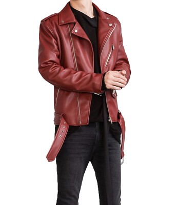 Men's Real Lambskin Leather Maroon Red Motorcycle Jacket Biker Style Belted Coat
