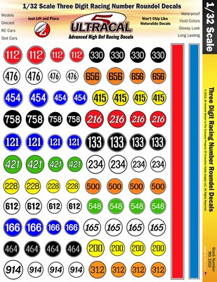 MG 3302 1/32 Scale Slot car decals Ultracal Three Digit Racing Number ...