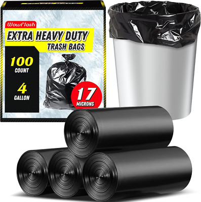 100 Count 17 Micron Extra Heavy Duty 4 Gallon Trash Bags, Sturdy & Tear-Resistan