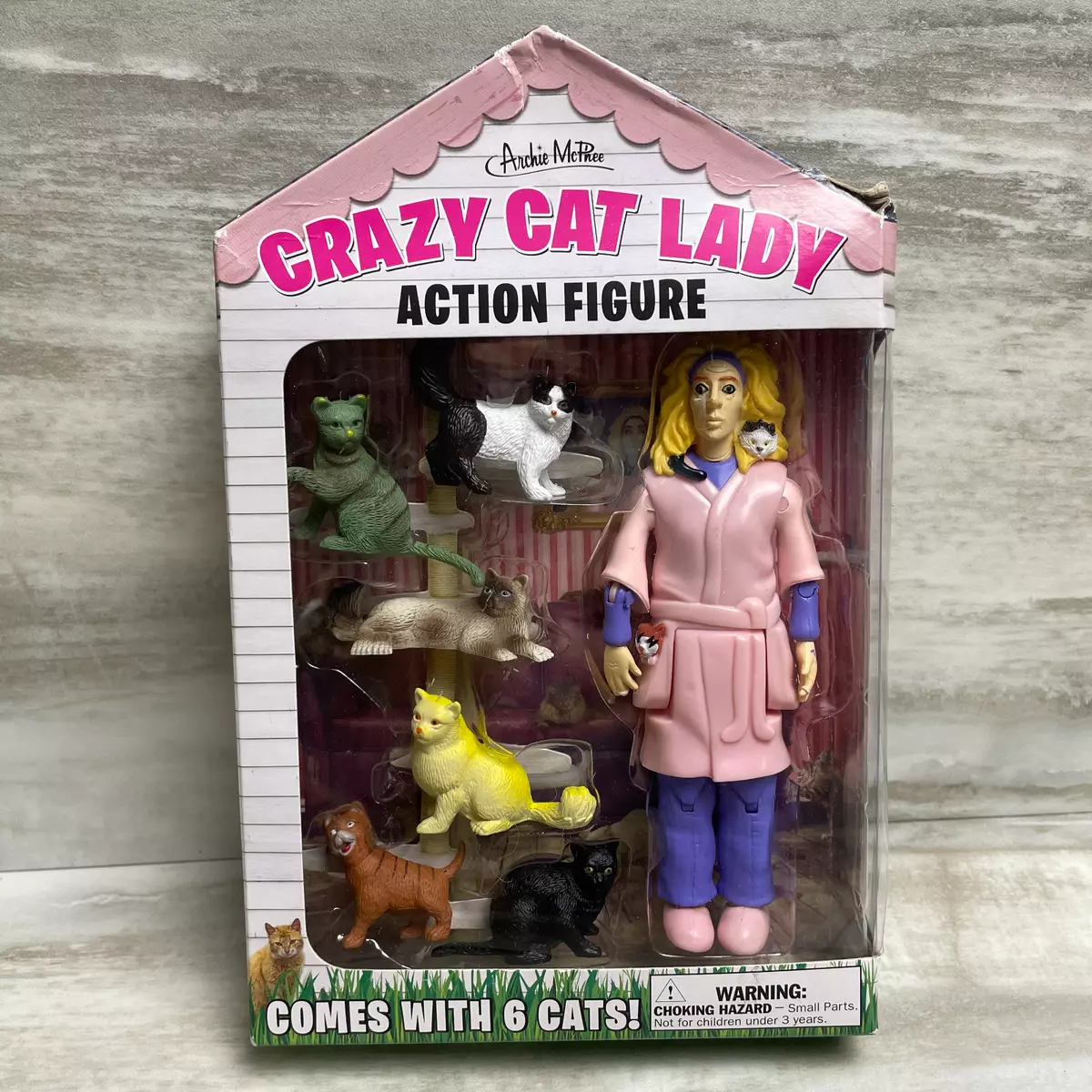 Archie McPhee Crazy Cat Lady Action Figure with 6 Cats Kittens Novelty Gift NIB