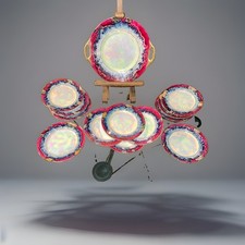 Lot assiettes service à pâtisserie céramique irisée multicolore+plat rond anses